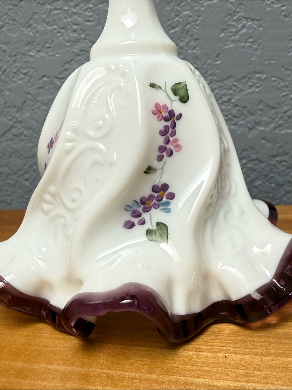 Fenton White Milk Glass Bell Purple-Trim Floral Accents - Picture 5 of 9